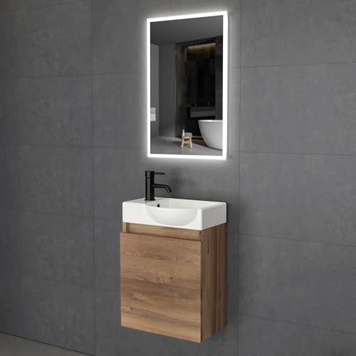 Alpenberger Badmöbel Set | Gäste WC Waschbecken mit Unterschrank | Badschrank Schmal mit Badspiegel | Badezimmerspiegel mit Beleuchtung | Waschbeckenunterschrank Bamboo (Lugano 450R) von Alpenberger Germany