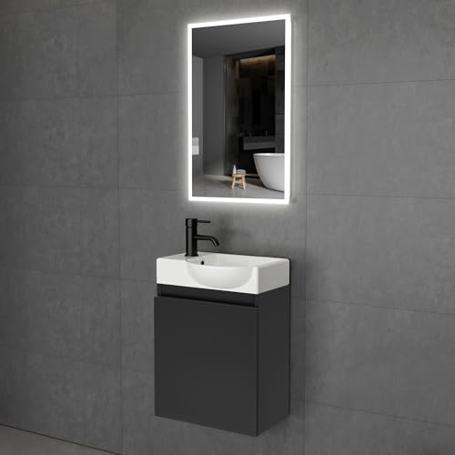 Alpenberger Badmöbel Set | Gäste WC Waschbecken mit Unterschrank | Badschrank Schmal mit Badspiegel mit Beleuchtung | Waschbeckenunterschrank Schwarz Matt + Rechts Becken von Alpenberger Germany