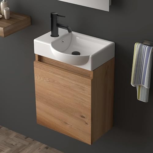 Alpenberger Waschbecken mit Unterschrank 45 cm Breit | Waschbeckenunterschrank Klein Gäste WC & Bad Vormontiert | Waschtischunterschrank Hängend Badmöbel | MDF Holz Bambus-Optik von Alpenberger Germany