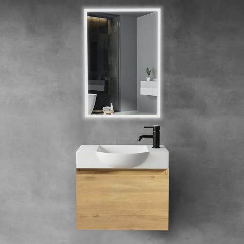 Alpenberger Badmöbel Set mit Waschbecken | Badschrank Hängend | Waschtisch mit Unterschrank | Badezimmerschrank mit Spiegel | Badmöbel für Kleine Bäder + Gäste WC | Waschtischunterschrank Eiche N von Alpenberger Germany