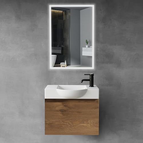 Alpenberger Badmöbel Set mit Waschbecken | Badschrank Hängend | Waschtisch mit Unterschrank | Badezimmerschrank mit Spiegel | Badmöbel für Kleine Bäder + Gäste WC | Waschtischunterschrank Eiche von Alpenberger Germany