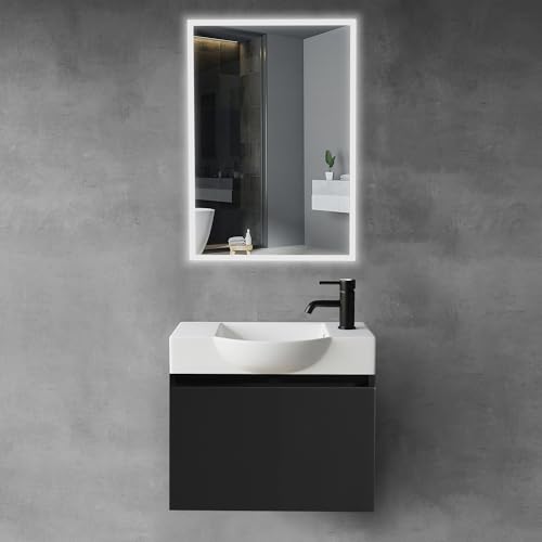 Alpenberger Badmöbel Set mit Waschbecken | Badschrank Hängend | Waschtisch mit Unterschrank | Badezimmerschrank mit Spiegel | Badmöbel für Kleine Bäder + Gäste WC | Waschtischunterschrank Schwarz von Alpenberger Germany