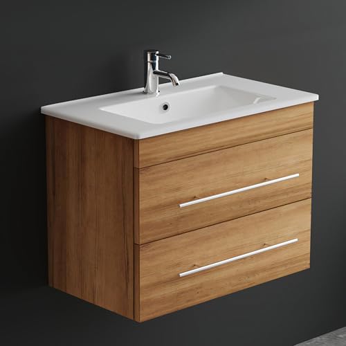 Alpenberger Badmöbel Set mit Waschbecken | Badschrank mit 2 Schubladen | Hängeschrank Bad | Waschtisch mit Unterschrank | Badezimmer Möbel | Waschbeckenunterschrank Bamboo - 70 cm von Alpenberger Germany