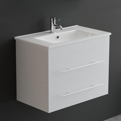 Alpenberger Badmöbel Set mit Waschbecken | Badschrank mit 2 Schubladen | Hängeschrank Bad | Waschtisch mit Unterschrank | Badezimmer Möbel | Waschbeckenunterschrank Weiß - 70 cm von Alpenberger Germany