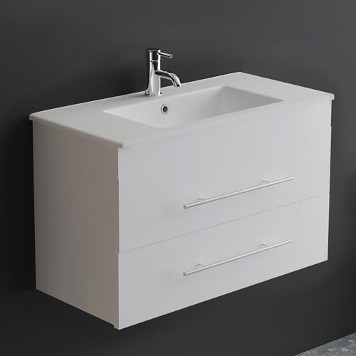 Alpenberger Badmöbel Set mit Waschbecken | Badschrank mit 2 Schubladen | Hängeschrank Bad | Waschtisch mit Unterschrank | Badezimmer Möbel | Waschbeckenunterschrank Weiß - 80 cm von Alpenberger Germany