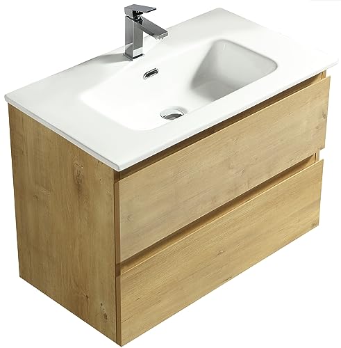 Alpenberger Waschbecken mit Unterschrank 80 cm Breit Eiche Natur | Aufsatzwaschbecken Waschbeckenunterschrank Waschplätze | Waschtisch Gäste WC Möbel Set | Waschtischunterschrank Hängend von Alpenberger Germany