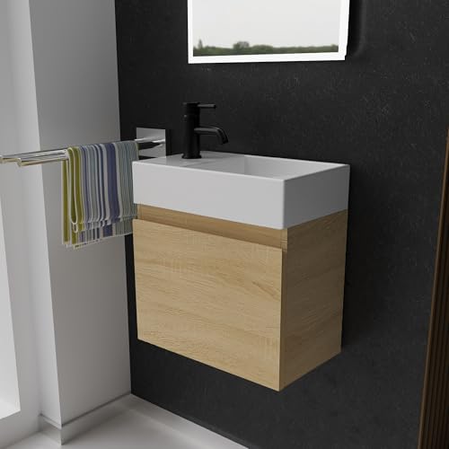 Alpenberger Gäste WC Waschbecken mit Unterschrank 45 cm Breit | Waschtisch Set Klein | Aufsatzwaschbecken Waschtischunterschrank Hängend | Bademöbel-Set | Waschbeckenunterschrank Eiche Hell Alpenberger Gäste WC Waschbecken mit Unterschrank 45 cm Breit | Waschtisch Set Klein | Aufsatzwaschbecken Waschtischunterschrank Hängend | Bademöbel-Set | Waschbeckenunterschrank Eiche Hell von Alpenberger Germany