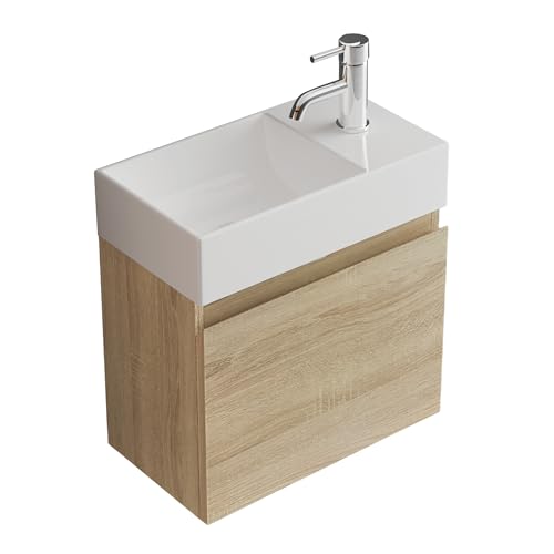 Alpenberger Gäste WC Waschbecken mit Unterschrank 45 cm Breit | Waschtisch Set Klein | Aufsatzwaschbecken Waschtischunterschrank Hängend | Hängeschrank | Waschbeckenunterschrank Eiche Hell von Alpenberger Germany