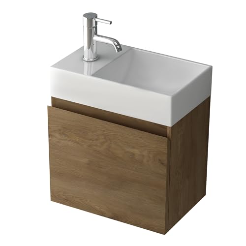 Alpenberger Gäste WC Waschbecken mit Unterschrank 45 cm Breit | Waschtisch Set Klein | Aufsatzwaschbecken Waschtischunterschrank Hängend | Möbel Bademöbel-Set | Waschbeckenunterschrank Eiche von Alpenberger Germany