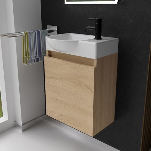 Alpenberger Gäste WC Waschbecken mit Unterschrank | Kleines Badmöbel 45 cm Breit | Waschtisch mit Waschbeckenunterschrank (Eiche Hell, Waschbecken - Linke Seite) von Alpenberger Germany