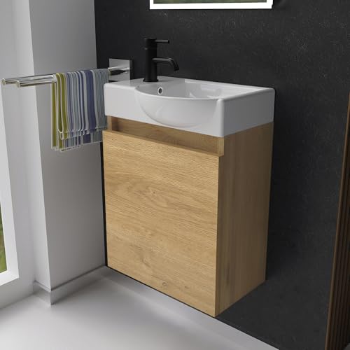 Alpenberger Gäste WC Waschbecken mit Unterschrank | Kleines Badmöbel 45 cm Breit | Waschtisch mit Waschbeckenunterschrank (Eiche Natur, Waschbecken - Rechte Seite) von Alpenberger Germany