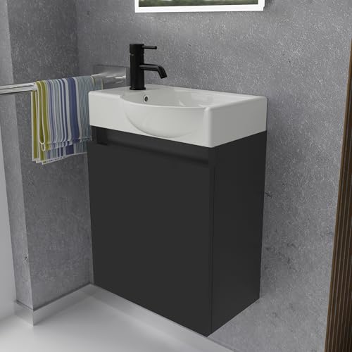 Alpenberger Gäste WC Waschbecken mit Unterschrank | Kleines Badmöbel 45 cm Breit | Waschtisch mit Waschbeckenunterschrank (Schwarz Matt, Waschbecken - Rechte Seite) von Alpenberger Germany