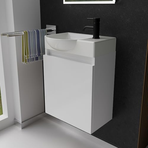 Alpenberger Gäste WC Waschbecken mit Unterschrank | Kleines Badmöbel 45 cm Breit | Waschtisch mit Waschbeckenunterschrank (Weiß, Waschbecken - Linke Seite) von Alpenberger Germany