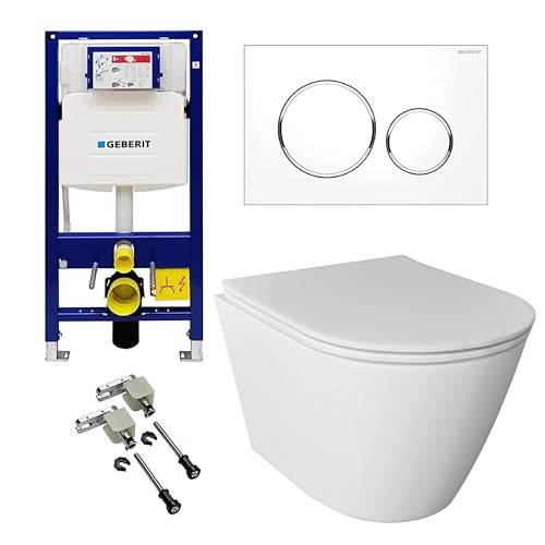 Alpenberger Hänge WC Komplettset | Spülrandloses WC | Klo mit Toilettenspülkasten Geberit Duofix Bausatz und Betätigungsplatte | Unterputz Spülkasten WC | Wand WC Set von Alpenberger Germany