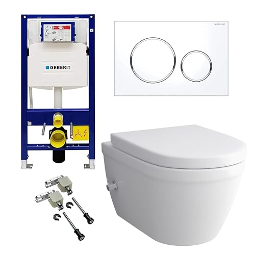 Alpenberger Hänge WC Komplettset | Taharet WC mit Armatur | WC Sitz mit Absenkautomatik | Spülkasten Bausatz Betätigungsplatte | Vorwandelement WC Set Komplett | Passend Geberit (8250 U) von Alpenberger Germany