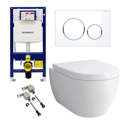 Alpenberger Hänge WC Komplettset | Wand WC | Bidet WC Spülrandlos | Kloschüssel mit WC Spülkasten Bausatz Betätigungsplatte | Vorwandelement WC Set Komplett | Passend Geberit (7101 U) von Alpenberger Germany