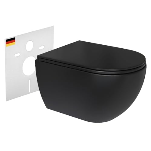 Alpenberger Hänge WC Spülrandlos in Matt Schwarz | Gäste WC Kloschüssel Keramik Toiletten | WC-Sitze Softclose Toilettensitz | Nano Beschichtung Toilettenschüssel | Wand WC Set Passend Geberit von Alpenberger Germany