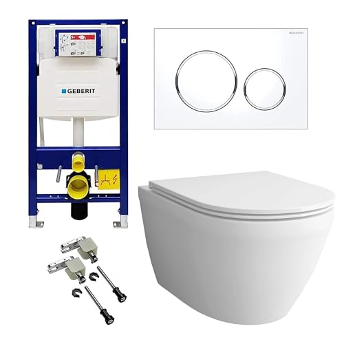 Alpenberger Hänge WC Komplettset | Wand WC Spülrandlos | Toilettendeckel mit Absenkautomatik | Spülkasten Bausatz Betätigungsplatte | Vorwandelement WC Set Komplett | Passend Geberit (8200 CS) von Alpenberger Germany