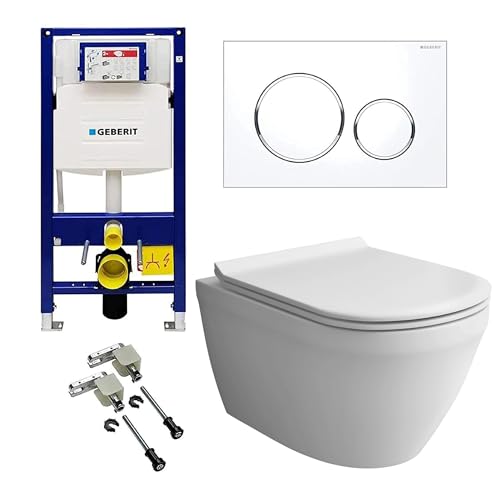 Alpenberger Hänge WC Komplettset | Wand WC Spülrandlos | Toilettendeckel mit Absenkautomatik | Spülkasten Bausatz Betätigungsplatte | Vorwandelement WC Set Komplett | Passend Geberit (8200 CS) von Alpenberger Germany