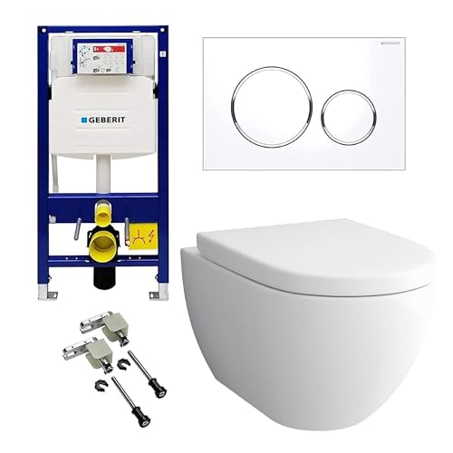 Alpenberger Hänge WC Komplettset | Wand WC Spülrandlos mit WC Sitz mit Absenkautomatik | Dusch WC mit Geberit WC Spülkasten Bausatz Betätigungsplatte | Vorwandelement WC Set Komplett (6201U) von Alpenberger Germany