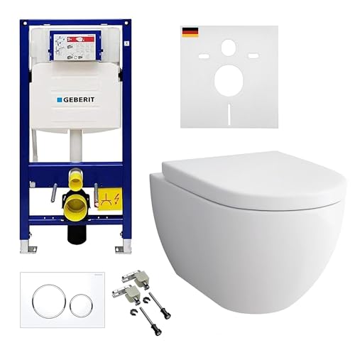 Alpenberger Hänge WC Komplettset | Wand WC Spülrandlos mit WC Sitz mit Absenkautomatik | Dusch WC mit Geberit WC Spülkasten Bausatz Betätigungsplatte | Vorwandelement WC Set Komplett (6201U) von Alpenberger Germany