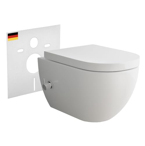 Alpenberger Hänge WC mit Bidet Funktion | Dusch WC Kloschüssel mit Softclose WC-Sitze | Keramik Toilette Spülrandlos mit Armatur | Nano Beschichtung Wand WC Set Passend Geberit von Alpenberger Germany