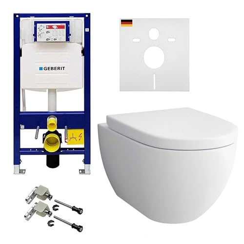Alpenberger Moderne Toilette Bidet WC | Wand WC Spülrandlos mit WC Deckel | Badezimmer Set Kloschüssel mit Geberit WC Spülkasten und Bausatz | Vorwandelement WC Set Komplett mit Schallschutz von Alpenberger Germany