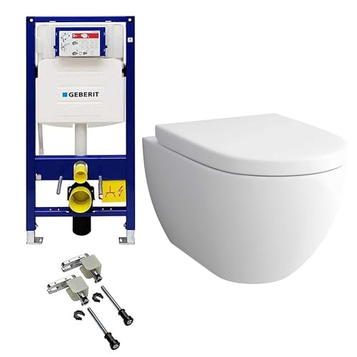 Alpenberger Moderne Toilette Bidet WC | Wand WC Spülrandlos mit WC Sitz mit Absenkautomatik | Badezimmer Set Kloschüssel mit Geberit WC Spülkasten und Bausatz | Vorwandelement WC Set Komplett (6201U) von Alpenberger Germany