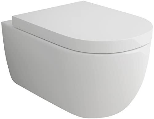 Alpenberger Moderne Toilette | Wand WC Spülrandlos | Keramik Hänge WC Komplettset mit WC Deckel mit Absenkautomatik | Nano Beschichtete Gäste WC Toilettenschüssel Passend zu Geberit (Aquanet 9105) von Alpenberger Germany