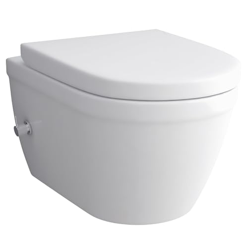 Alpenberger Hänge WC mit Bidet Funktion | Dusch WC Kloschüssel mit Toilettendeckel D Form | Keramik Taharet WC Spülrandlos mit Armatur und Nano | Wand WC Set Passend Geberit von Alpenberger Germany