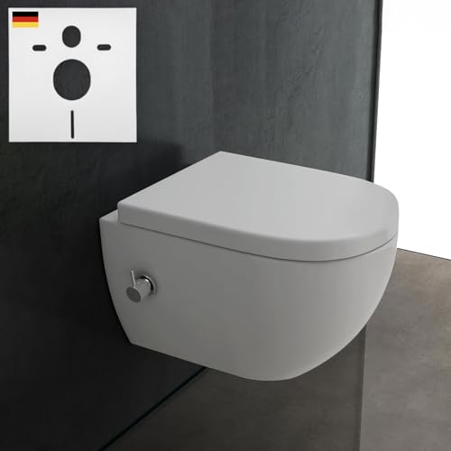 Alpenberger Spülrandloses WC mit Bidet Funktion | Dusch WC | Kloschüssel mit Armatur | Toilettendeckel D Form | Hänge WC mit Intimdusche und Schallschutz | Taharet WC Toilette Passend Geberit von Alpenberger Germany