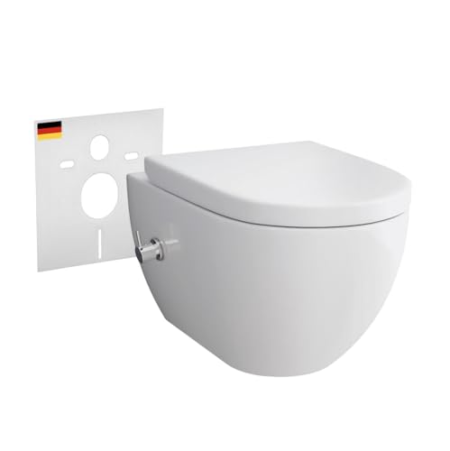 Alpenberger Wand WC mit Bidet Funktion | Dusch WC Kloschüssel & Toilettendeckel mit Absenkautomatik | Toilette Spülrandlos mit Armatur | Taharet WC Nano Hänge WC Set Passend Geberit (Cera 6250 U) von Alpenberger Germany