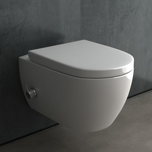 Alpenberger Toilette mit Bidet Funktion | Dusch WC Set | Kloschüssel mit Armatur und Taharet Muslugu | Toilettendeckel mit Absenkautomatik | Hänge WC mit Intimdusche Passend Geberit (7150 U) von Alpenberger Germany