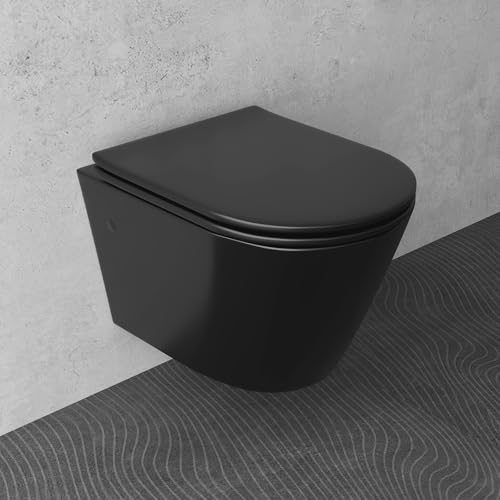 Alpenberger WC Schwarz Matt Spülrandlos | Schwarzes Klo | Schwarze Toilette mit WC Sitz mit Absenkautomatik | Wand WC Hänge WC Set | Kloschüssel Passend Geberit von Alpenberger Germany