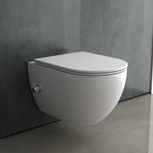 Alpenberger Wand WC Spülrandlos | Bidet WC Set | Dusch WC | Kloschüssel mit Armatur & Schallschutz | Toilettendeckel D Form | Hänge WC mit Intimdusche | Taharet WC Passend Geberit von Alpenberger Germany