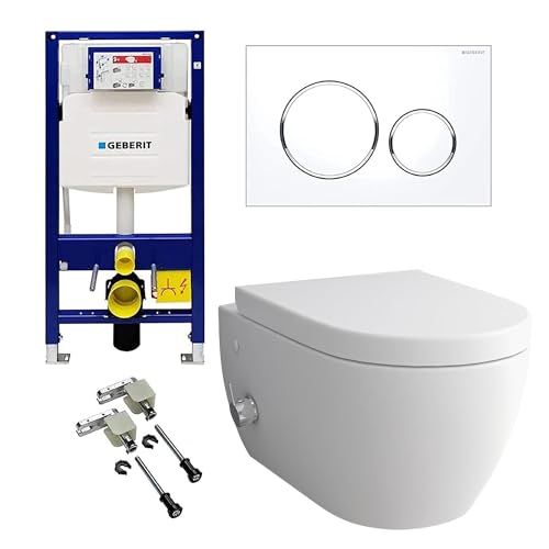 Alpenberger Wand WC Spülrandlos | Taharet WC mit Armatur | WC Sitz mit Absenkautomatik | WC Spülkasten Bausatz Betätigungsplatte | Vorwandelement WC Set Komplett | Passend Geberit (7150U) von Alpenberger Germany