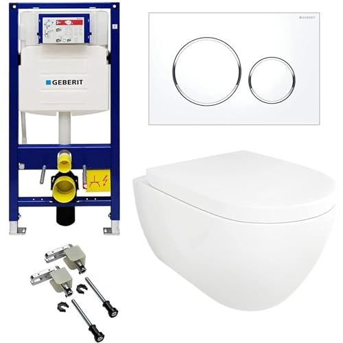 Alpenberger Wand WC Spülrandlos | Vorwandelement WC Set Komplett | Toilette mit Geberit Unterputzspülkasten & Geberit Duofix Bausatz & Betätigungsplatte | WC Sitz mit Absenkautomatik (7201 U) von Alpenberger Germany