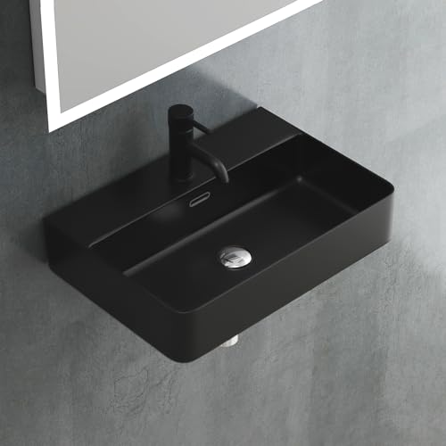 Alpenberger Waschbecken 60 cm | Aufsatzwaschbecken Schwarz Matt Gäste WC | Keramik Waschbecken Eckig | Aufsatzwaschbecken mit Überlauf & Hahnloch | Lavabo Badwaschtisch mit Nano von Alpenberger Germany