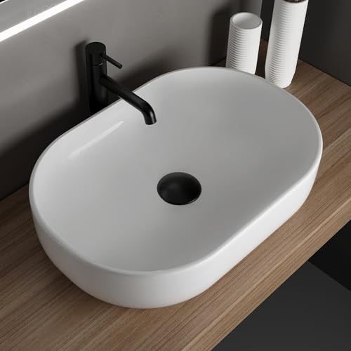 Alpenberger Waschbecken 60 cm Breit | Aufsatzwaschbecken Oval | Waschschüssel für Badezimmer und Gäste WC | Waschtisch Klein Waschschale | Kleines Waschbecken ohne Hahnloch von Alpenberger Germany