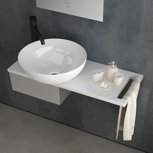 Alpenberger Waschbecken Klein Gäste WC Set | Waschtisch mit Aufsatzwaschbecken Rund | Waschschüssel auf Keramikplatte und Edelstahlkasten | Handwaschbecken | Waschplätze mit Handtuchhalter von Alpenberger Germany