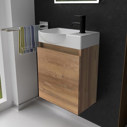 Alpenberger Gäste WC Waschbecken mit Unterschrank | Kleines Badmöbel 45 cm Breit | Waschtisch mit Waschbeckenunterschrank (Bamboo, Waschbecken - Linke Seite) von Alpenberger Germany