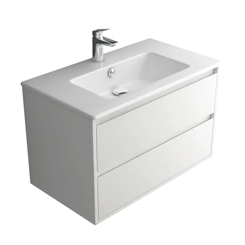 Alpenberger Waschbecken mit Unterschrank 80 cm Breit | Waschtisch Weiß für Gäste WC und Badezimmer | Waschbeckenunterschrank mit Schubladen | Badmöbel Hängend & Keramik Aufsatzwaschbecken von Alpenberger Germany