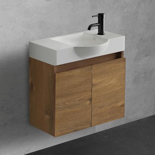 Alpenberger Waschtisch mit Unterschrank 55 cm Breit | Waschbecken mit Unterschrank Bad Möbel Modern Set | Kleines Waschbecken Gäste WC Möbel | Waschbeckenunterschrank Badezimmermöbel (Eiche) von Alpenberger Germany