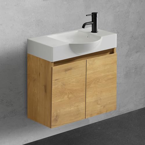 Alpenberger Waschtisch mit Unterschrank 55 cm Breit | Waschbecken mit Unterschrank Bad Möbel Modern Set | Kleines Waschbecken Gäste WC Möbel | Waschbeckenunterschrank Badezimmermöbel (Eiche Natur) von Alpenberger Germany