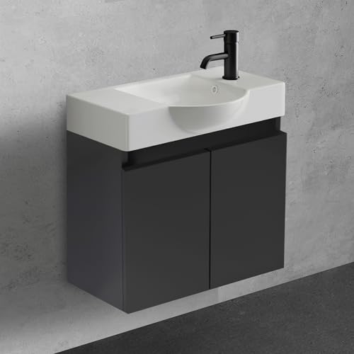 Alpenberger Waschtisch mit Unterschrank 55 cm Breit | Waschbecken mit Unterschrank Bad Möbel Modern Set | Kleines Waschbecken Gäste WC Möbel | Waschbeckenunterschrank Badezimmermöbel (Schwarz Matt) von Alpenberger Germany