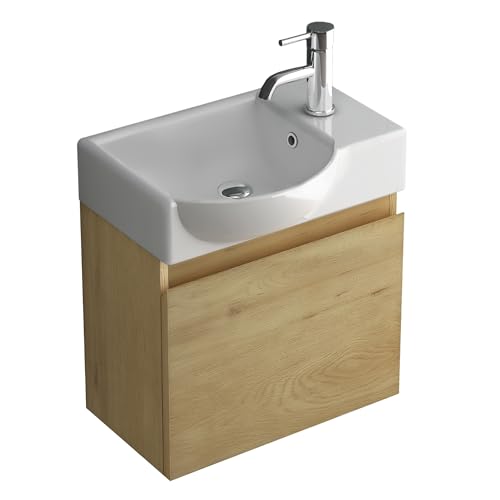 Alpenberger Waschtisch mit Unterschrank | Gäste WC Waschbecken Klein 45 cm Breit | Aufsatzwaschbecken mit Waschbeckenunterschrank | Badmöbel Hängeschrank | Waschtischunterschrank Eiche Natur von Alpenberger Germany