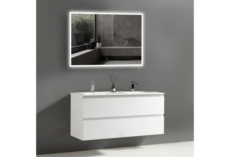 Alpenberger Badezimmer-Set Badezimmer Möbel Badschrank, (Badezimmer Spiegel mit Led, Keramik Waschbecken mit Überlauf), Doppelwaschtisch 120 cm Breit - Weiß Glänzend von Alpenberger