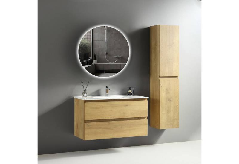 Alpenberger Badmöbel-Set Badezimmermöbel Badezimmer Schrank, (LED Spiegel Rund mit Beleuchtung, Waschbecken mit Unterschrank und Hochschrank), Komplettprogramme fürs Bad und Gäste WC mit Badspiegel von Alpenberger