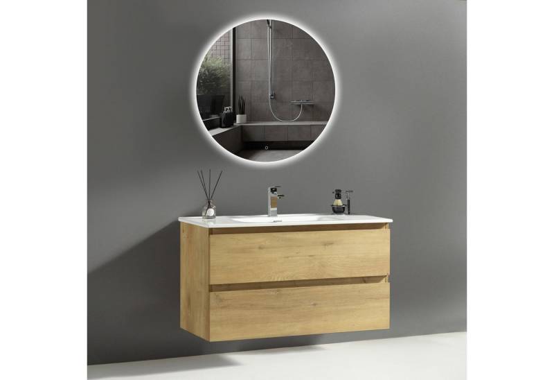 Alpenberger Badmöbel-Set Badezimmermöbel Badezimmer Schrank, (Waschplatz mit Badspiegel, Waschbecken mit Unterschrank 100 cm Breit - Eiche Natur), LED Spiegel Rund mit Beleuchtung von Alpenberger