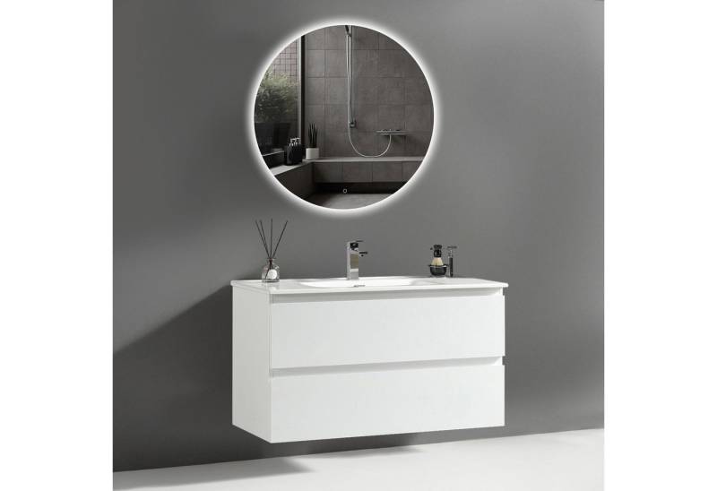 Alpenberger Badmöbel-Set Badezimmermöbel Badezimmer Schrank - Waschtisch mit Led Spiegel Bad, (Waschplatz mit Badspiegel, Waschbecken mit Unterschrank 100 cm Breit - Weiß), LED Spiegel Rund mit Beleuchtung von Alpenberger